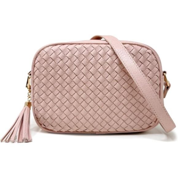 Handbags - Woven Crossbody Bags with Tassels, Vegan Leather Pink